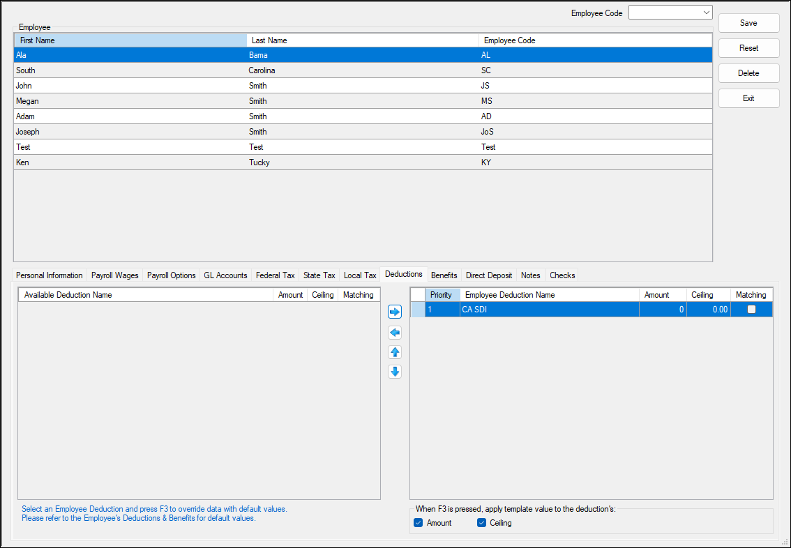 Employee Deductions tab